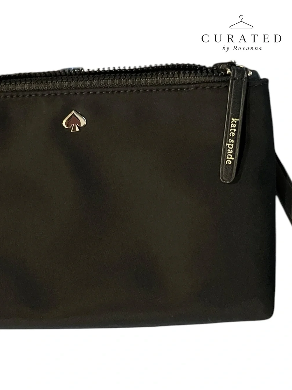 Kate Spade Black Nylon Wristlet Zip Pouch Clutch Gold Spade Logo EUC